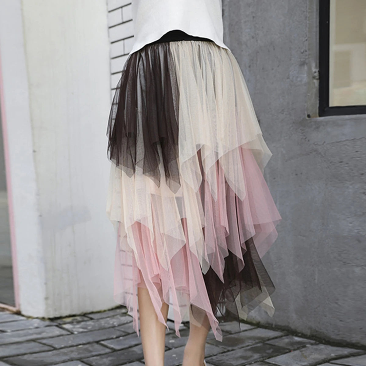 Tulle Midi Skirt - Elastic Waist Contrast Color