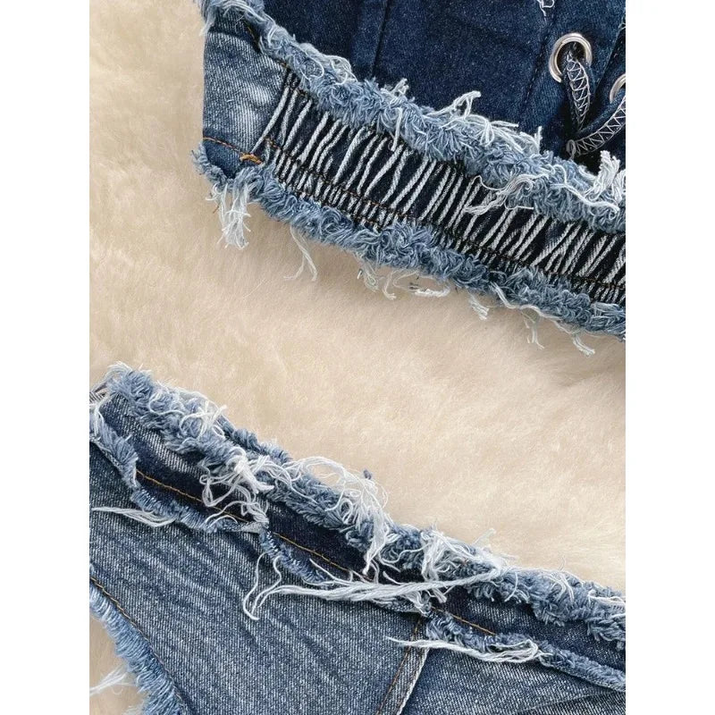 OIINAA Bathing Suit Women Sexy Denim Suits Bikini Set Lace Up Drawstring Beachwear 2025 Solid Summer Vintage Two-pieces Swimwear