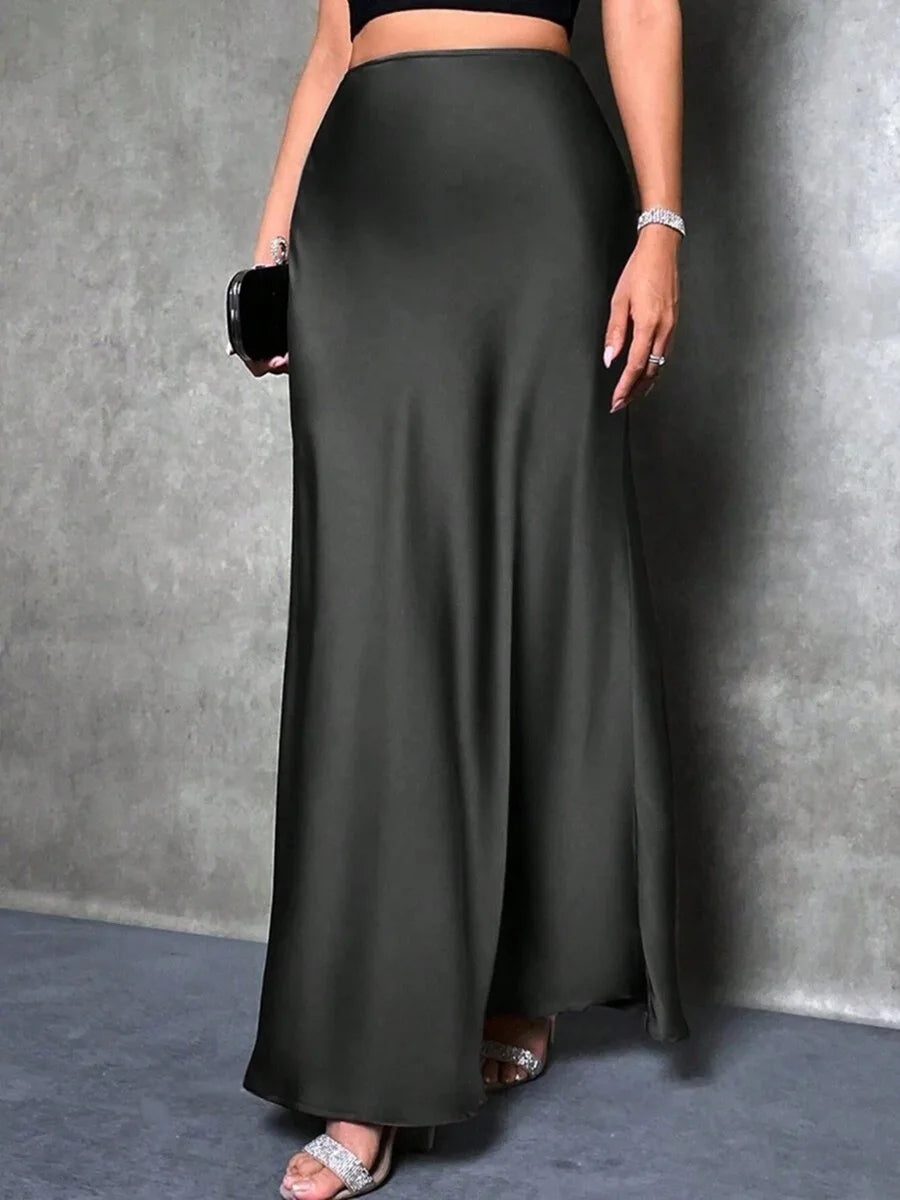Satin Maxi Skirt - High Waist A-Line Champagne