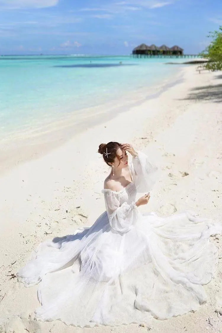 Vestido Blanco Chifón Sublime Volantes Hombros Descubiertos Elegante