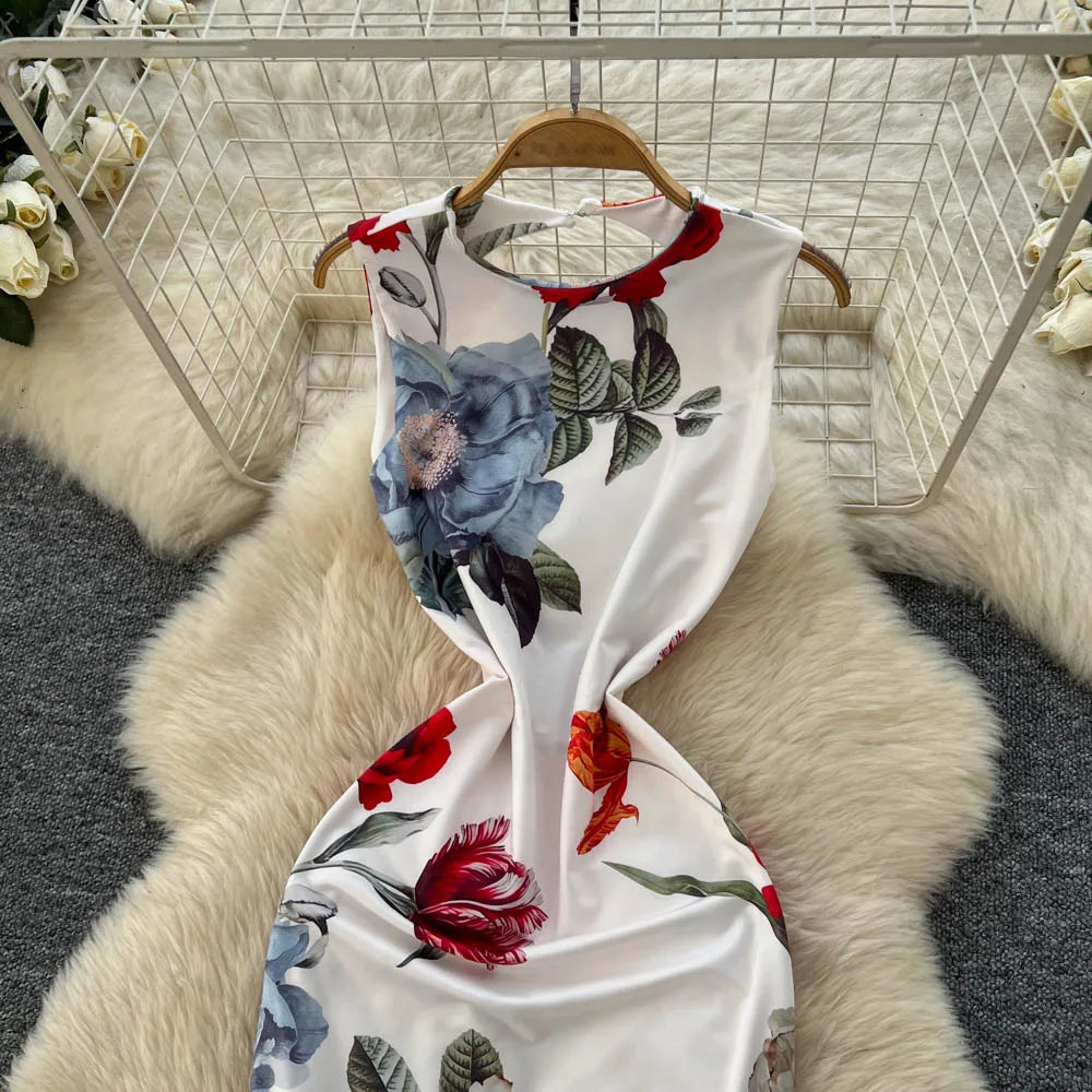 Pencil Dress - Vintage Print Sleeveless Spliced