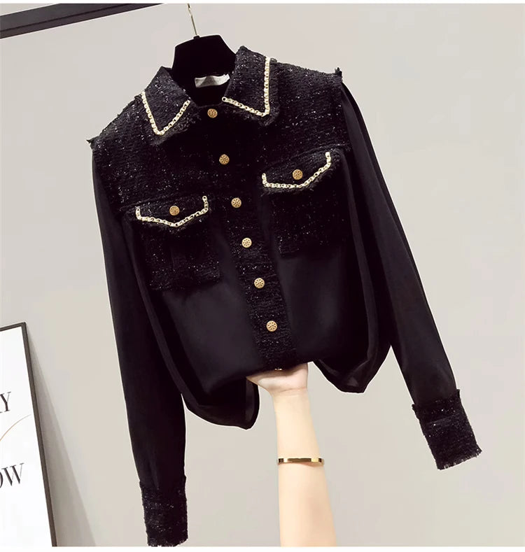 Blusa Tejido Texturado Tweed Patchwork Cuello Vuelto Manga Larga