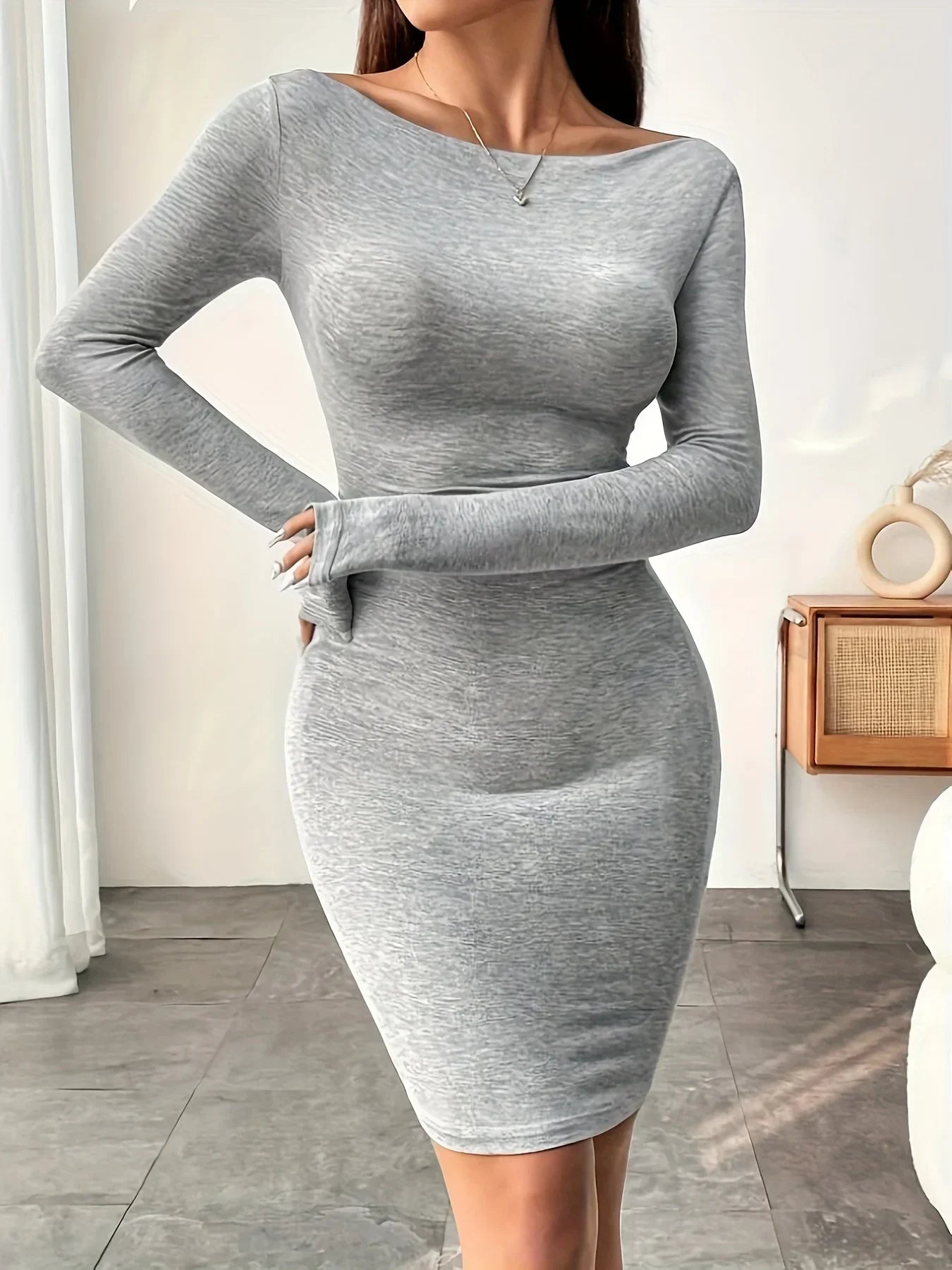 Bodycon Pencil Dress - Long Sleeve Solid Color