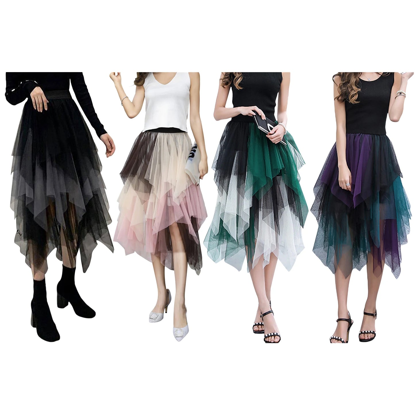 Tulle Midi Skirt - Elastic Waist Contrast Color