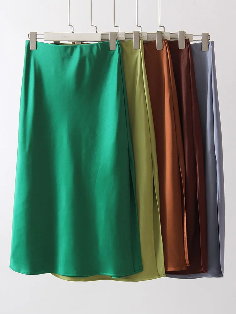 Satin Midi Skirt - A-Line Side Slit