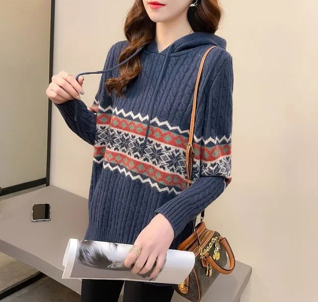 Polerón con Capucha Mujer Suelto Cordón Patchwork Estilo Étnico