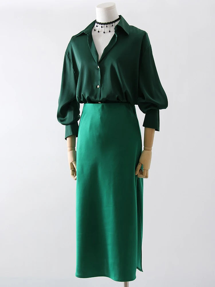 Satin Midi Skirt - A-Line Side Slit