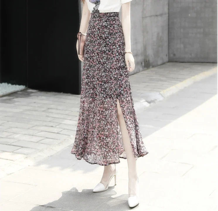 Velvet Midi Skirt - Belted Pleated Long