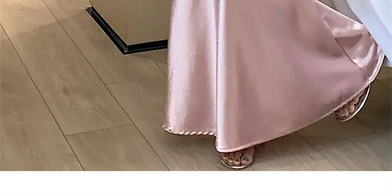 Pink Satin Midi Skirt - High Waist Fishtail Wrap