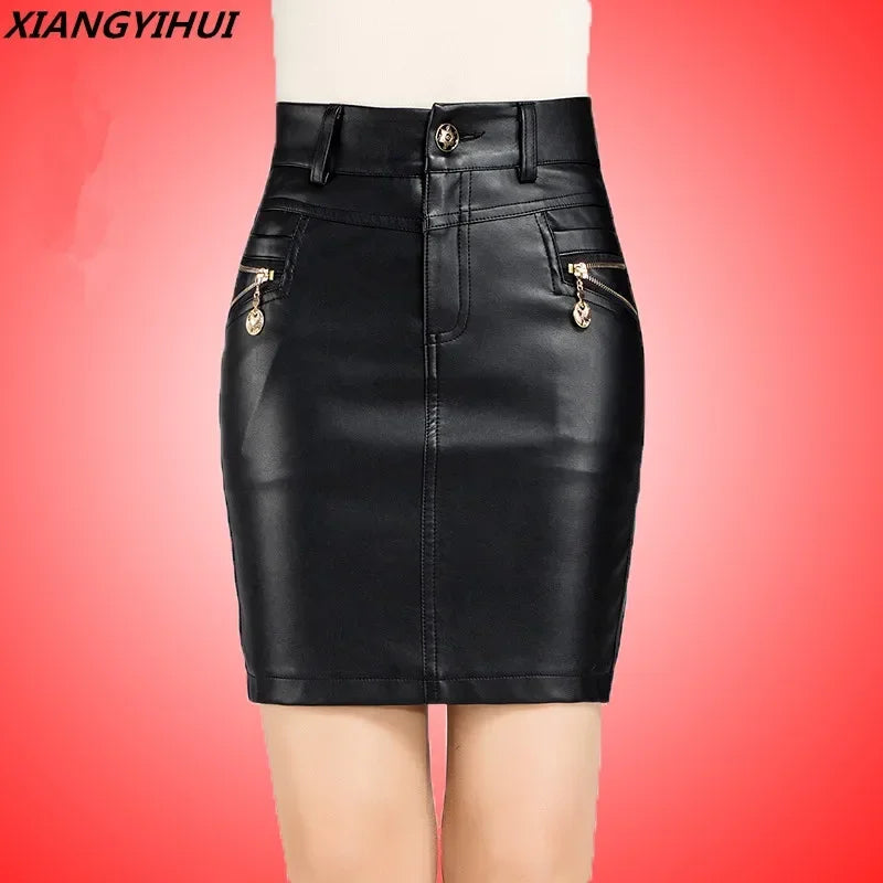 Simplee Sexy high waist PU leather skirt Autumn winter 2017 elegant zipper pocket short women skirt  black  mini skirt
