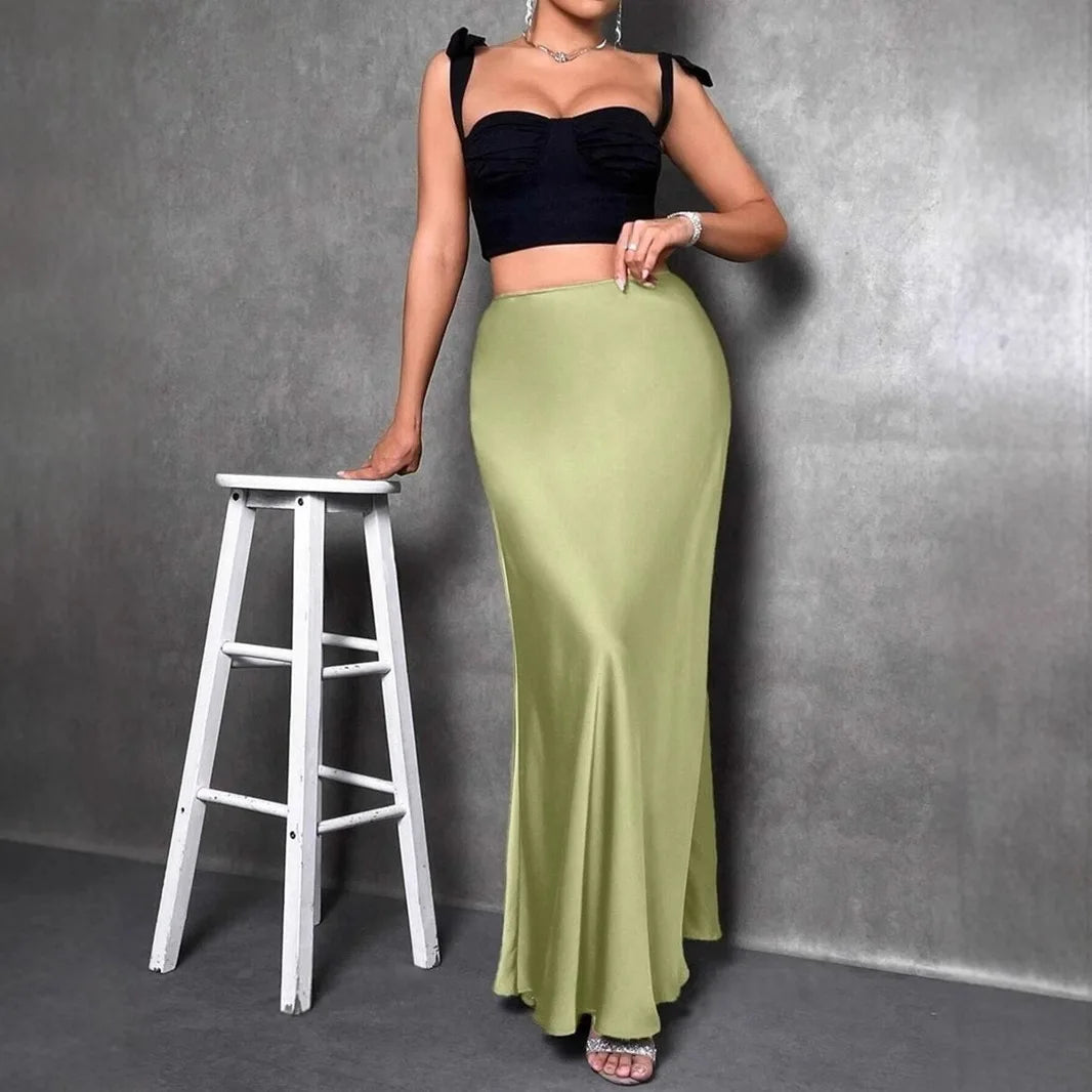 Satin Maxi Skirt - High Waist A-Line Champagne