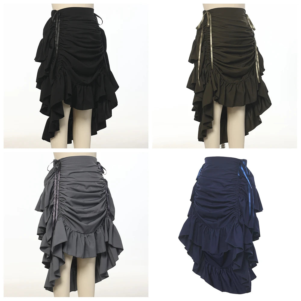 Pirate Skirt Women Renaissance Gothic Medieval Costume Drawstring High Low Skirt Victorian Steampunk Ruffles Irregular Skirts