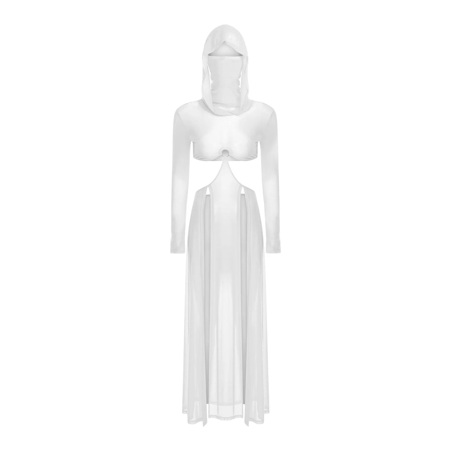 Sheer Maxi Dress - Hooded Face Mask High Slit