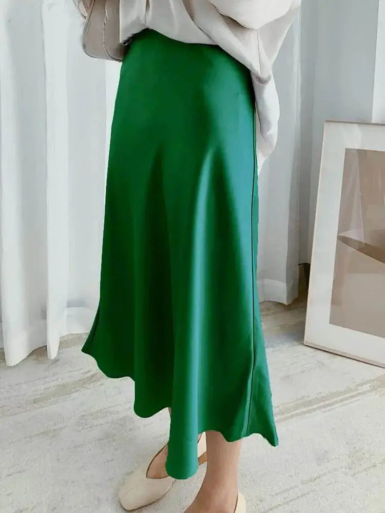 Satin Long Skirt - High Waist A-Line Black