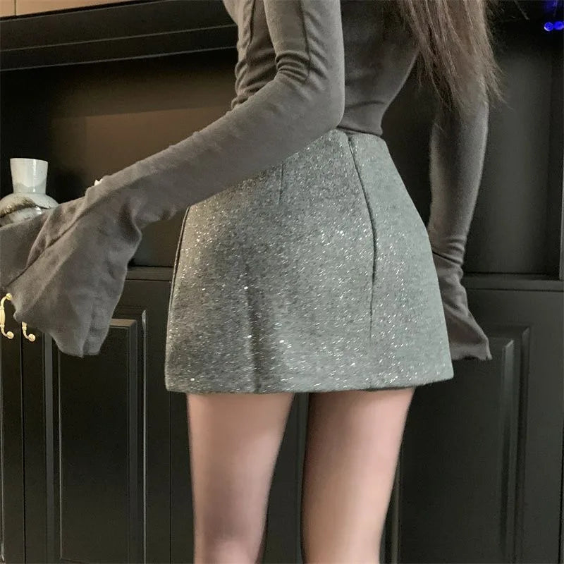 Women's Split-ended High-waisted Skirt Korean Fashion Irregular Diamond-encrusted Woolen Skirt 2025 New Hip-wrapped Skirt