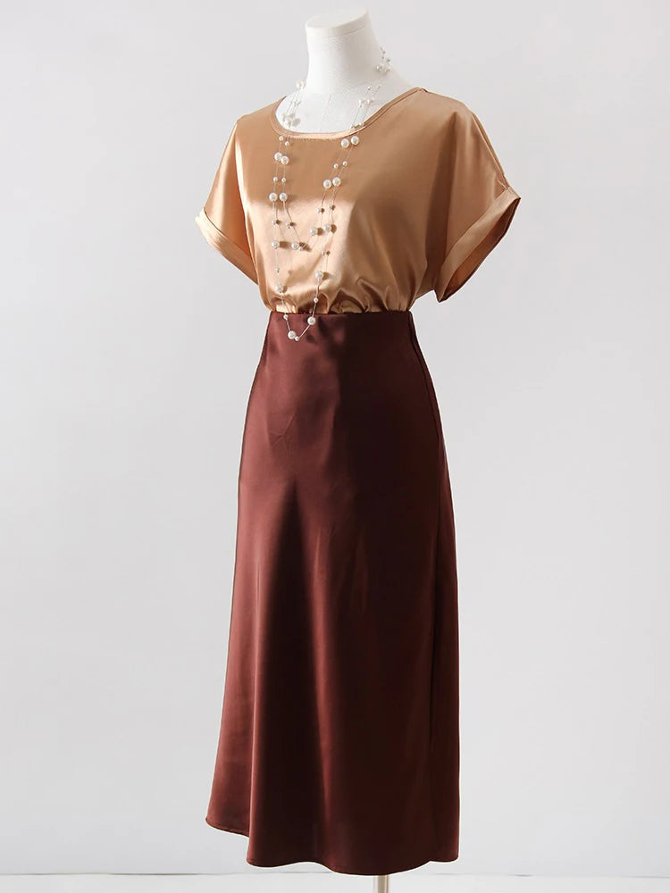 Satin Midi Skirt - A-Line Side Slit