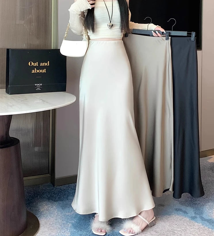 Satin Midi Skirt - High Waist Silk Champagne