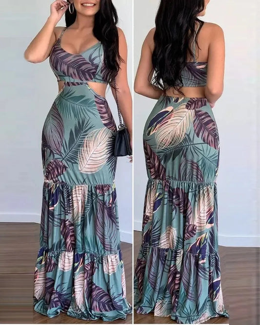 Pencil Dress - V Neck Backless Print Sleeveless