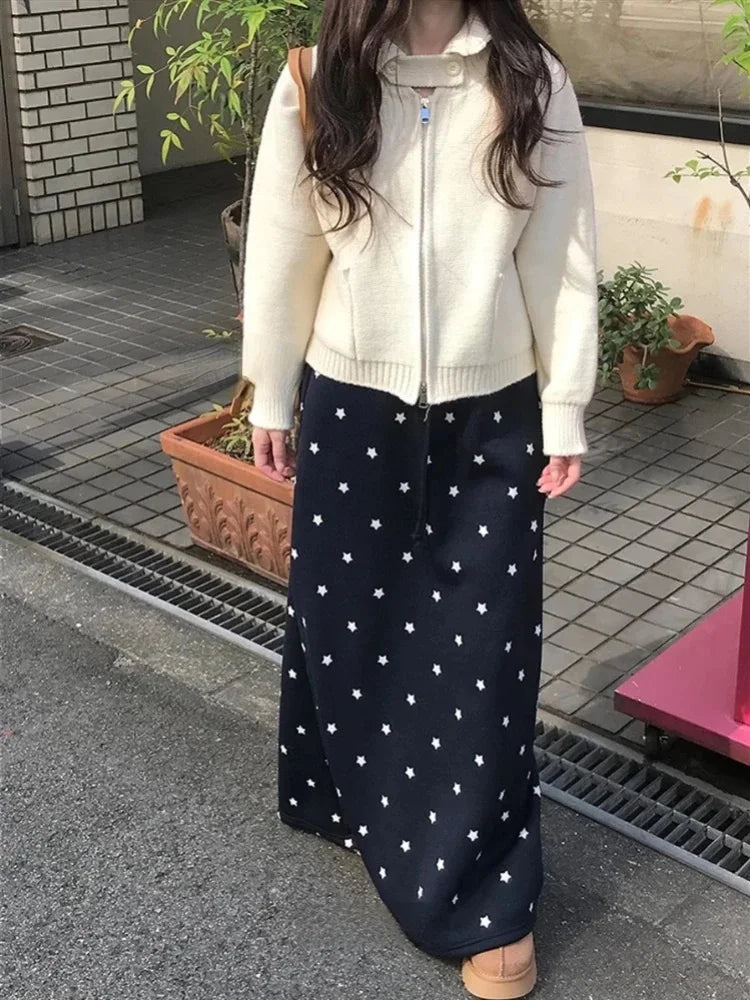 Star Print Long Skirt - Elastic Waist Bandage