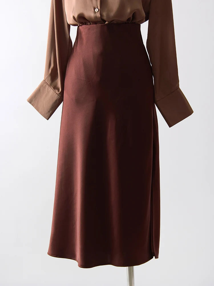 Satin Midi Skirt - A-Line Side Slit