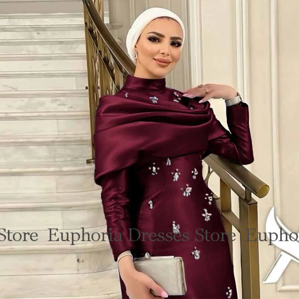 Prom Dress - Burgundy Satin Sheath Rhinestones