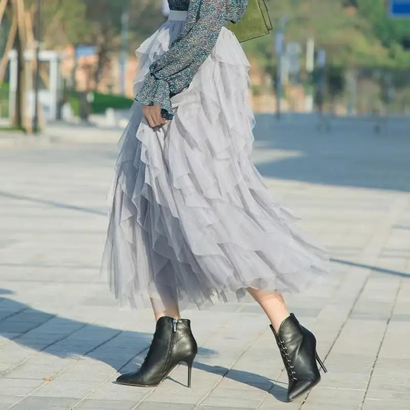 Tulle Maxi Skirt - High Waist Pleated Pink