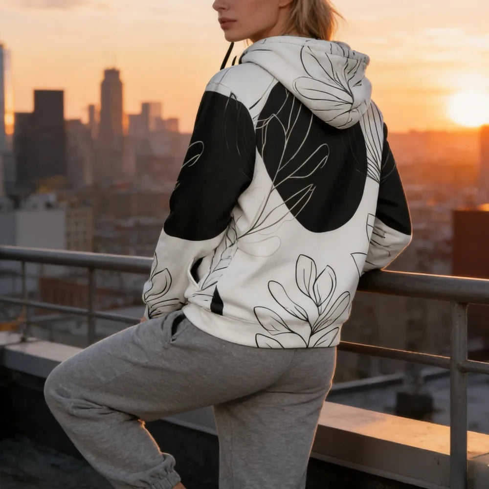 Polerón Capucha Mujer Estampado Sueco Floral Bolsillo Canguro