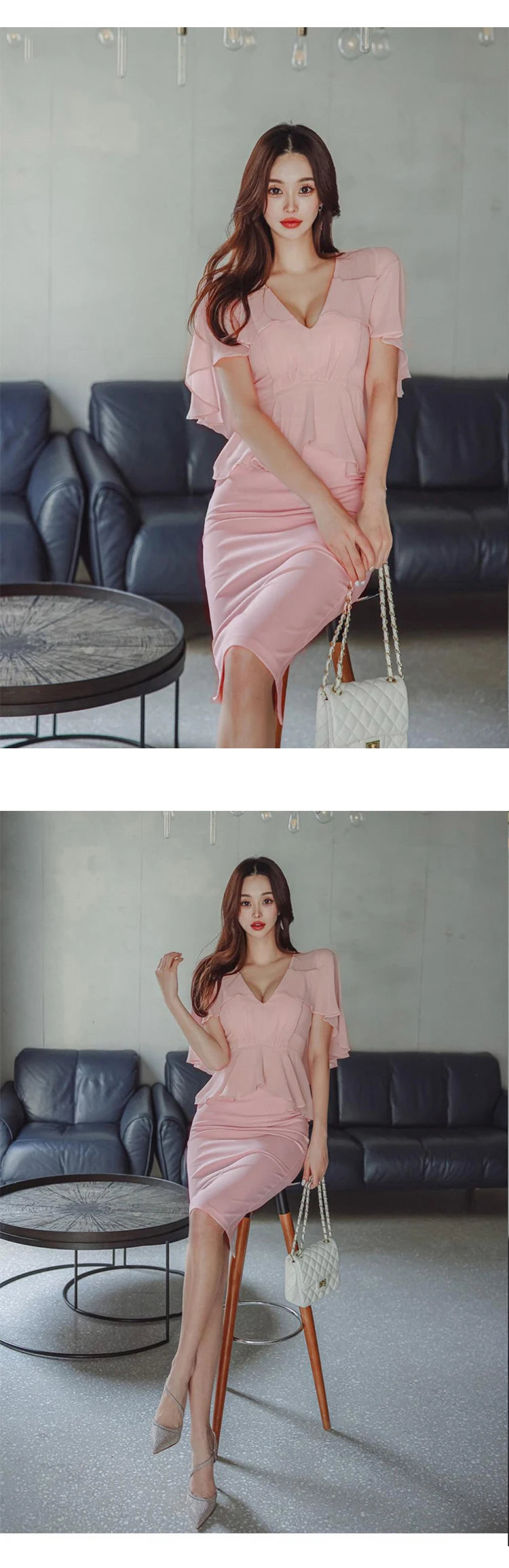 Pink Pencil Dress - Cloak V-Neck Midi Party