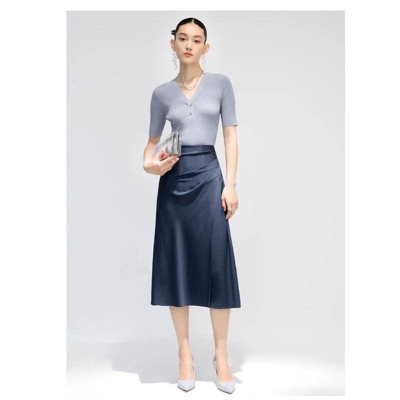 Satin Pleated Midi Skirt - French Simple