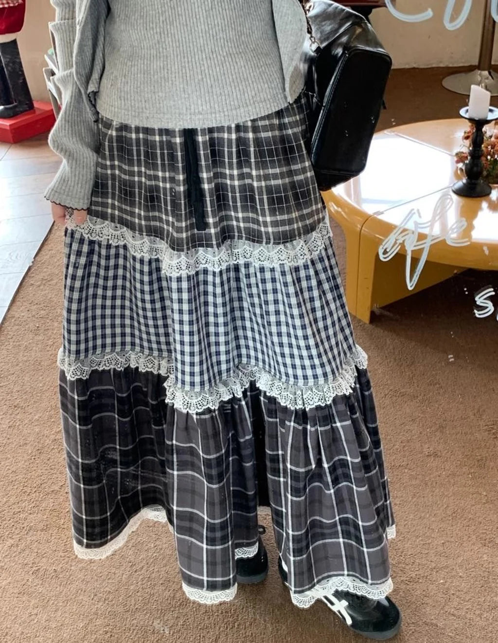 Patchwork Lace Long Skirt - High Waist Plaid Vintage