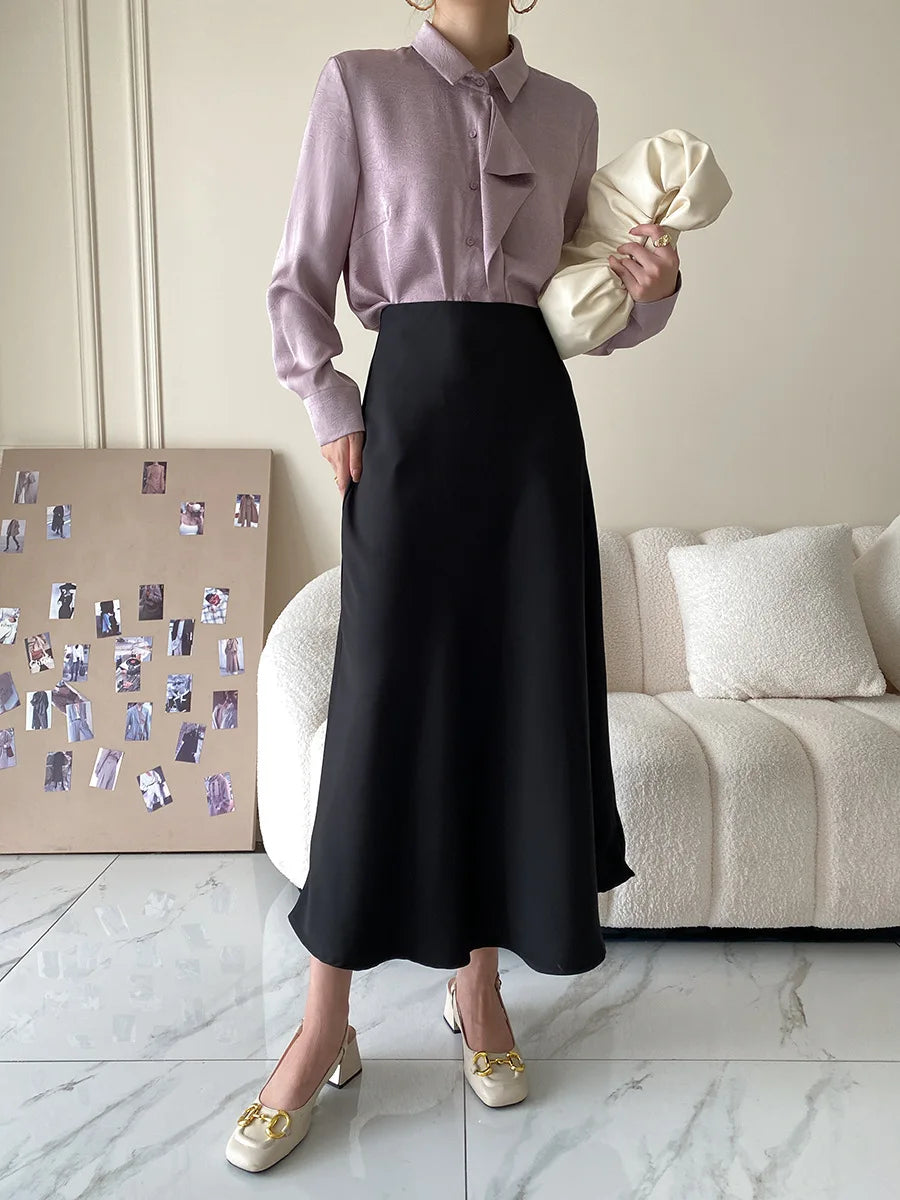 Satin Long Skirt - High Waist A-Line Black