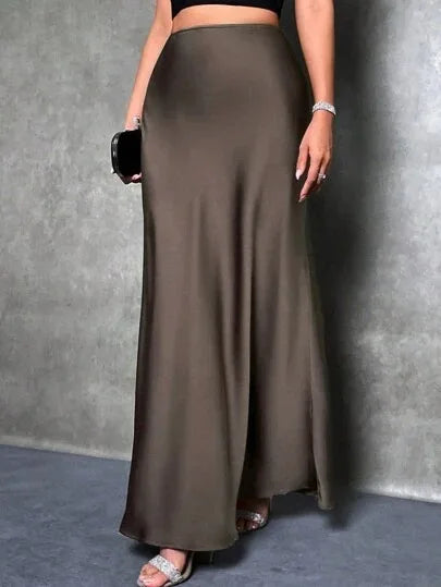 Satin Maxi Skirt - High Waist A-Line Champagne