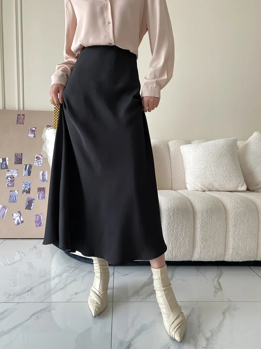 Satin Long Skirt - High Waist A-Line Black