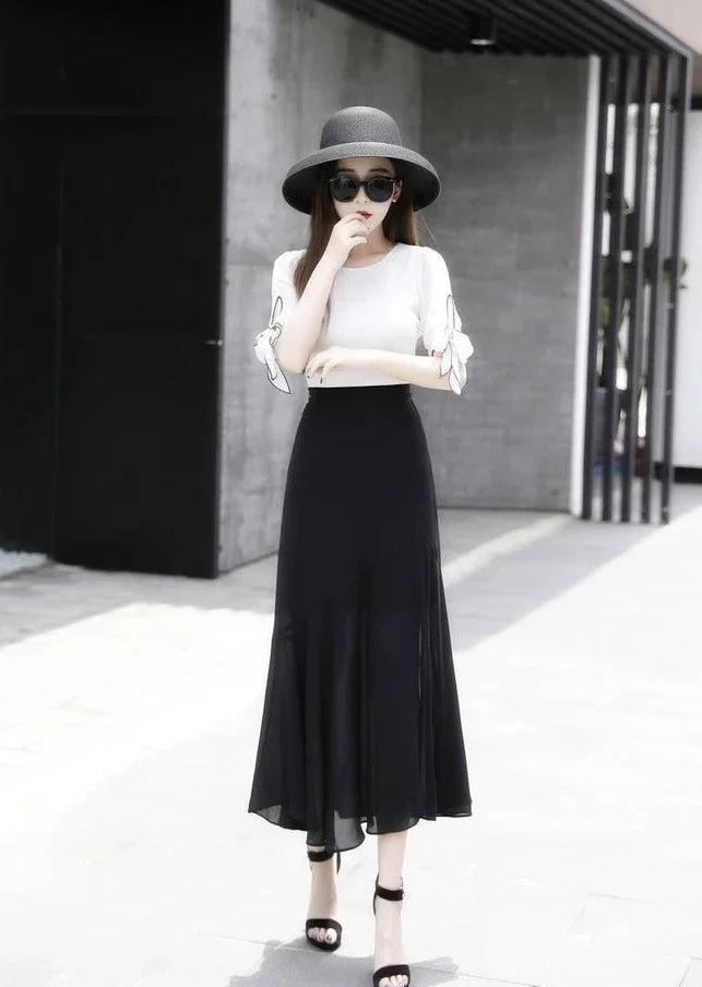 Velvet Midi Skirt - Belted Pleated Long