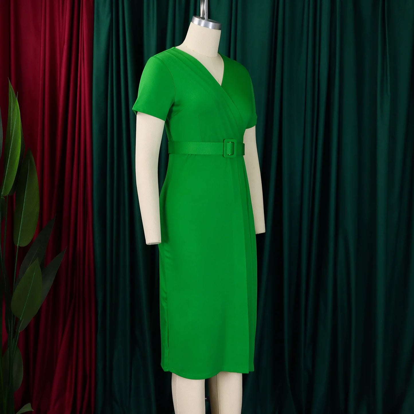 Office Dress - V Neck Belt Pleated Midi