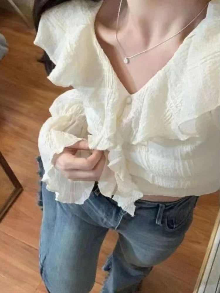 Blusa Coreana Crop Top Volantes Manga Larga