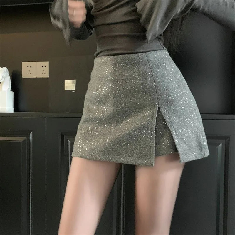Women's Split-ended High-waisted Skirt Korean Fashion Irregular Diamond-encrusted Woolen Skirt 2025 New Hip-wrapped Skirt