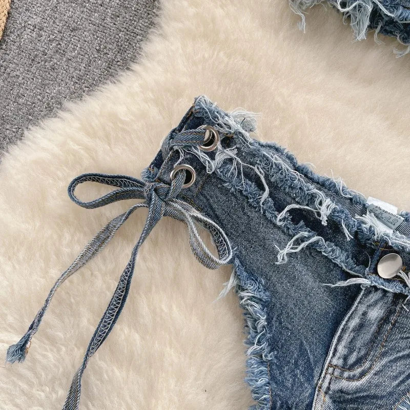 OIINAA Bathing Suit Women Sexy Denim Suits Bikini Set Lace Up Drawstring Beachwear 2025 Solid Summer Vintage Two-pieces Swimwear