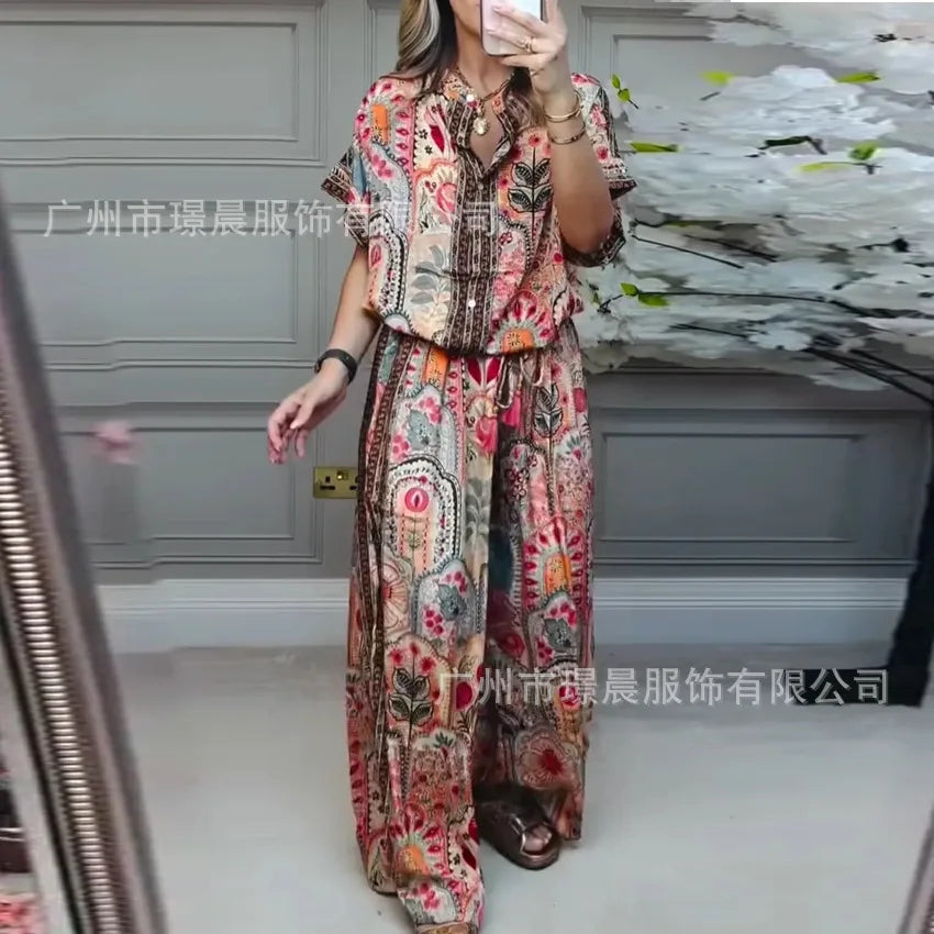 Conjunto Casual Mujer Top Estampado Pierna Ancha Suelto