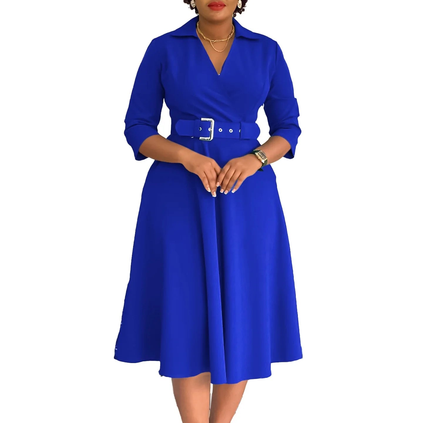 Office Dress - Turn Down Collar Belt Pleated African