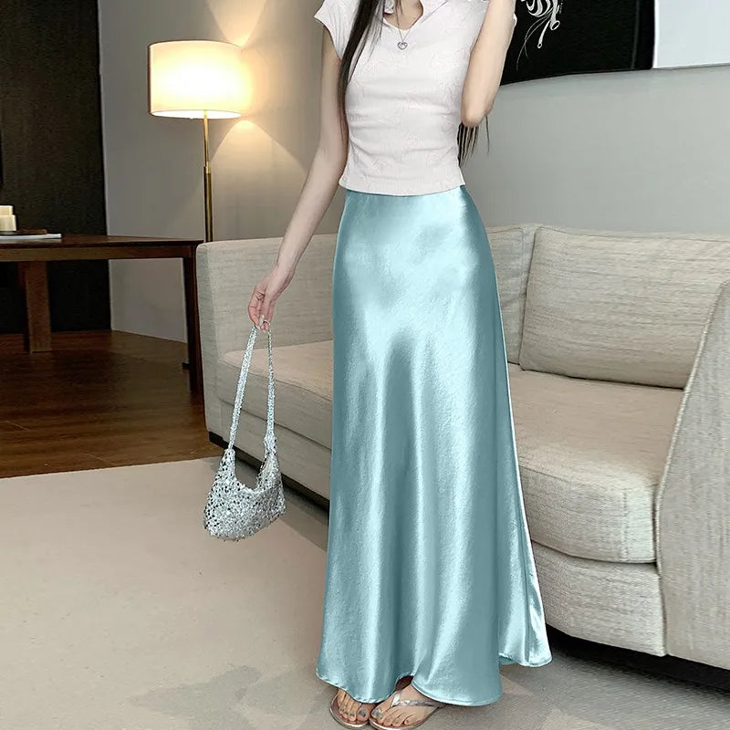 Pink Satin Midi Skirt - High Waist Fishtail Wrap