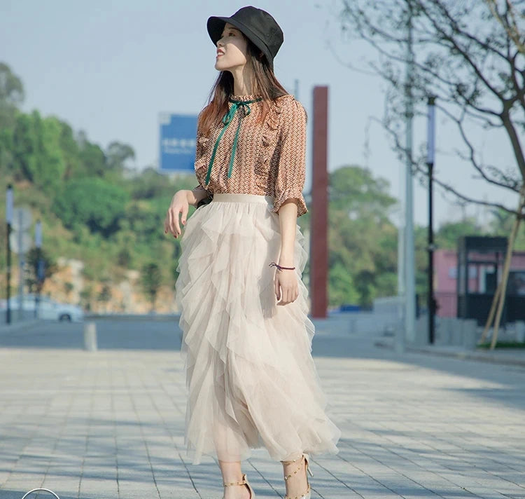 Tulle Maxi Skirt - High Waist Pleated Pink