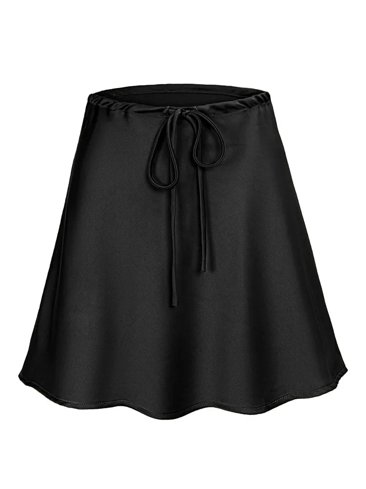 Satin Mini Skirt - Drawstring High Waist A-Line
