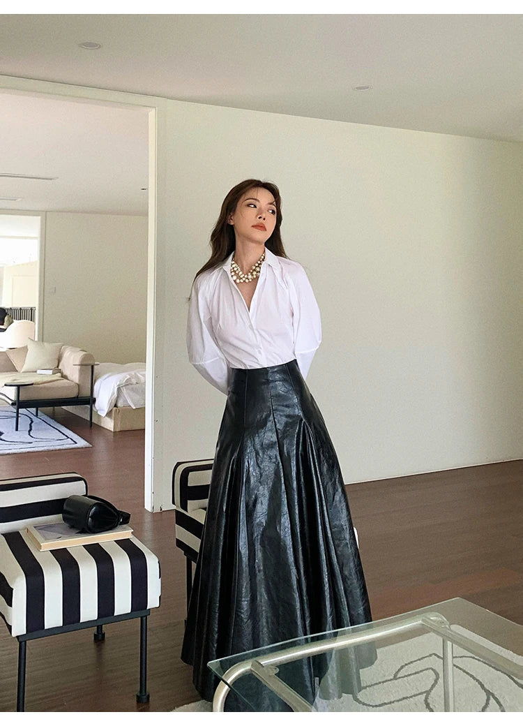 PU Leather Maxi Skirt - High Waist Pleated Black