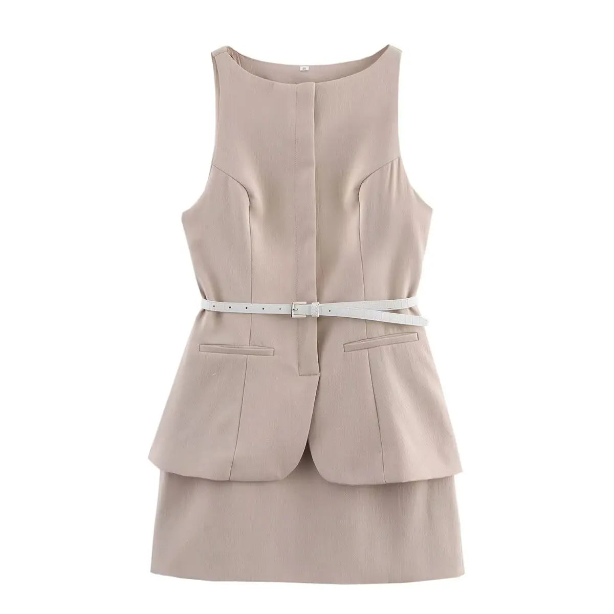 Midi Dress - Beige Contrast Sleeveless Belt 2025
