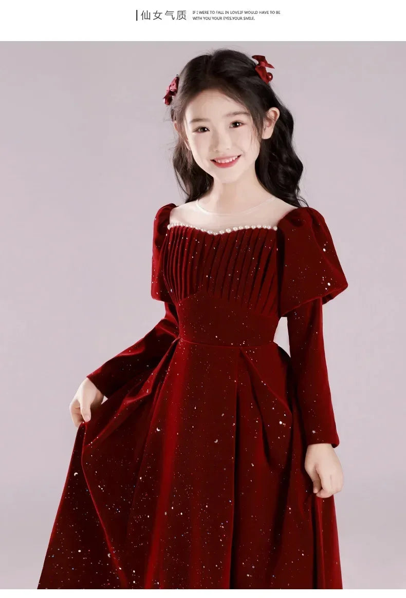 Vestido Fiesta Niña Lentejuelas Rojo Vino Manga Puff