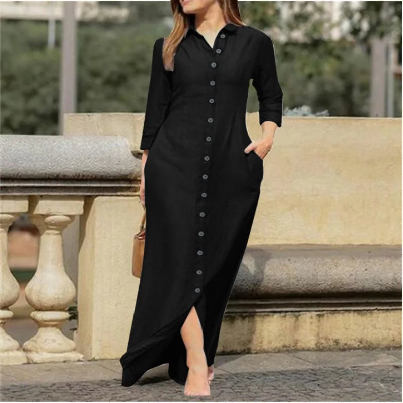 Shirt Dress - Cotton Linen Button Long Sleeve