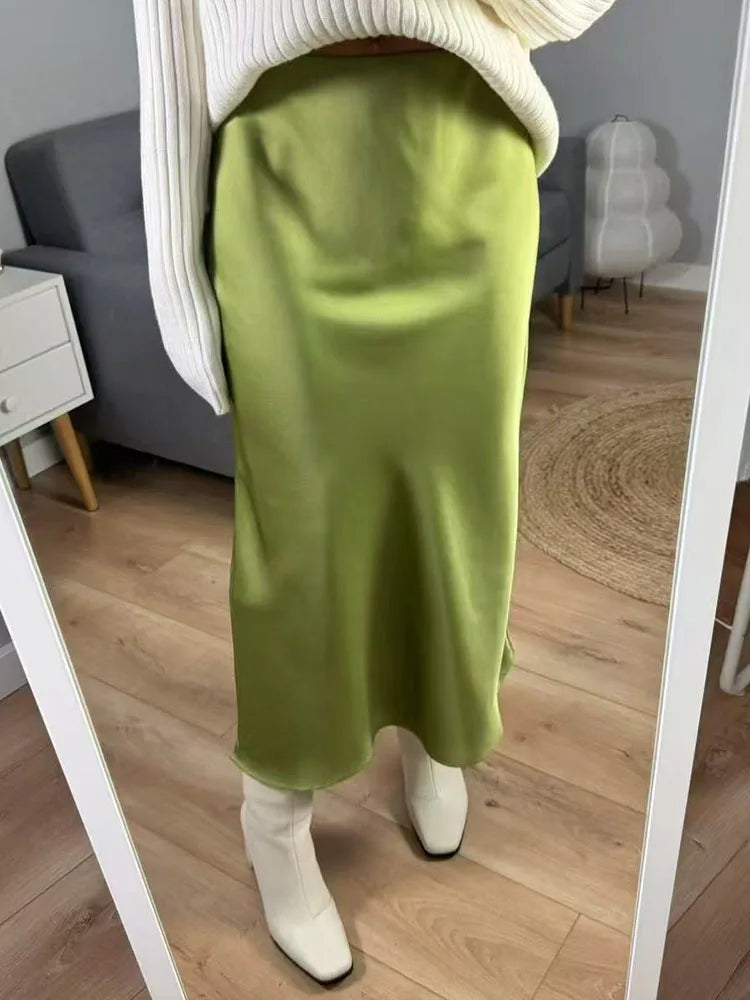 Satin Midi Skirt - A-Line Side Slit