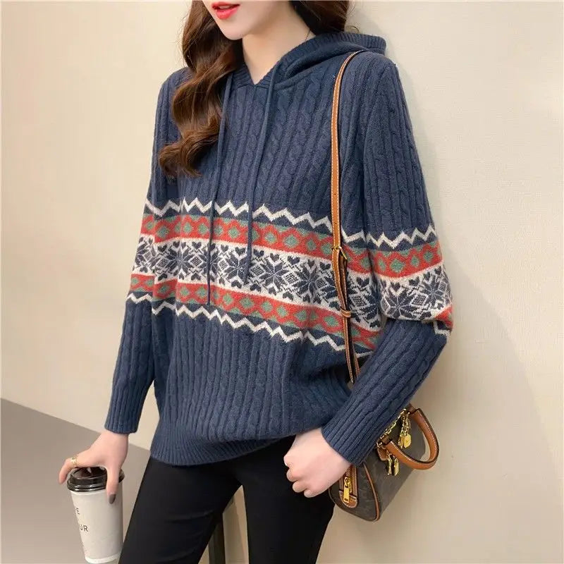 Polerón con Capucha Mujer Suelto Cordón Patchwork Estilo Étnico