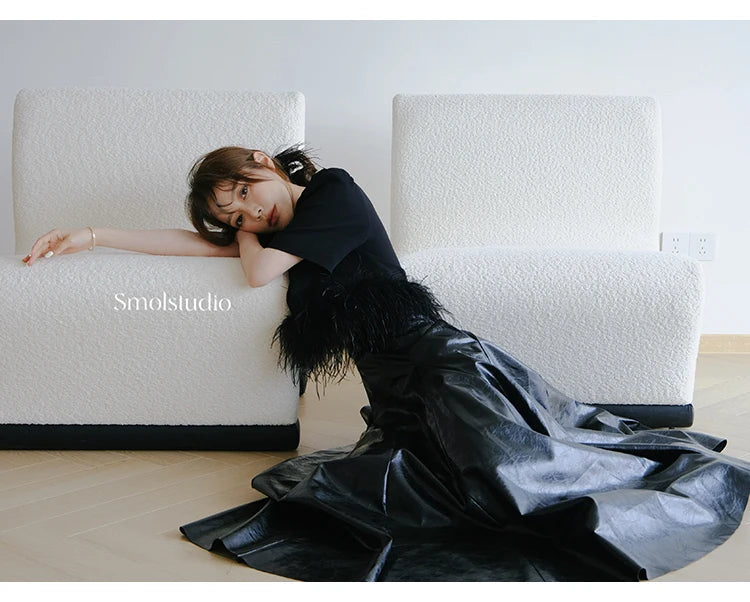 PU Leather Maxi Skirt - High Waist Pleated Black